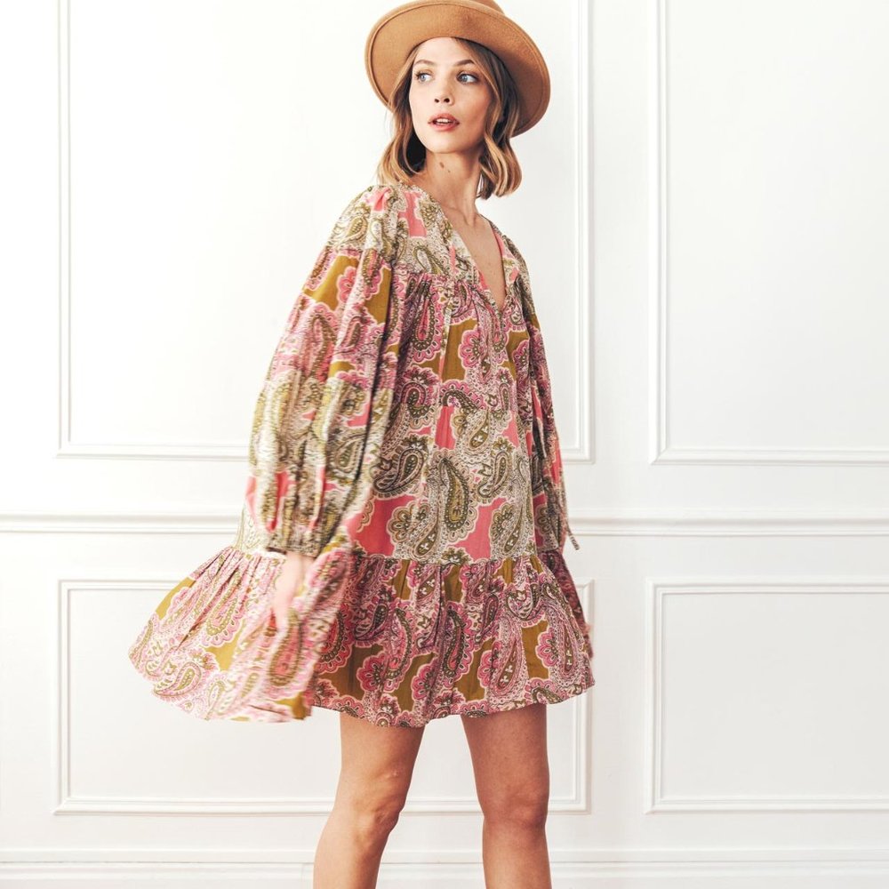 Charina Sarte Nara Dress in Pink & Green Paisley NWT